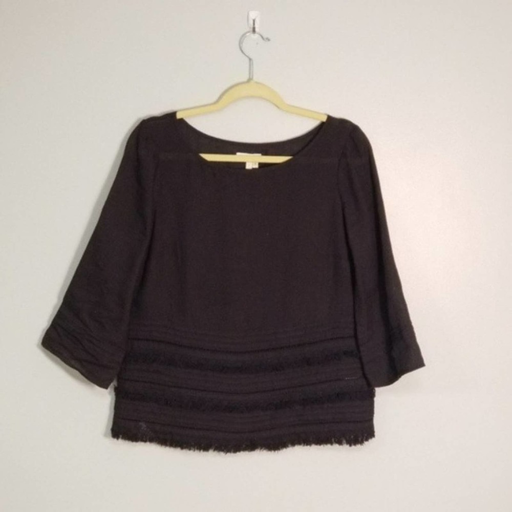 Anthropologie Meadow Rue Boho Linen Fringe Bottom 3/4 Sleeve Gypsy Top Size Sm
